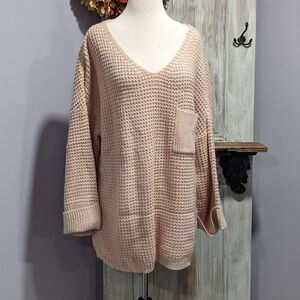 Simplee Oversized Waffle Weave Pink V-Neck Sweater